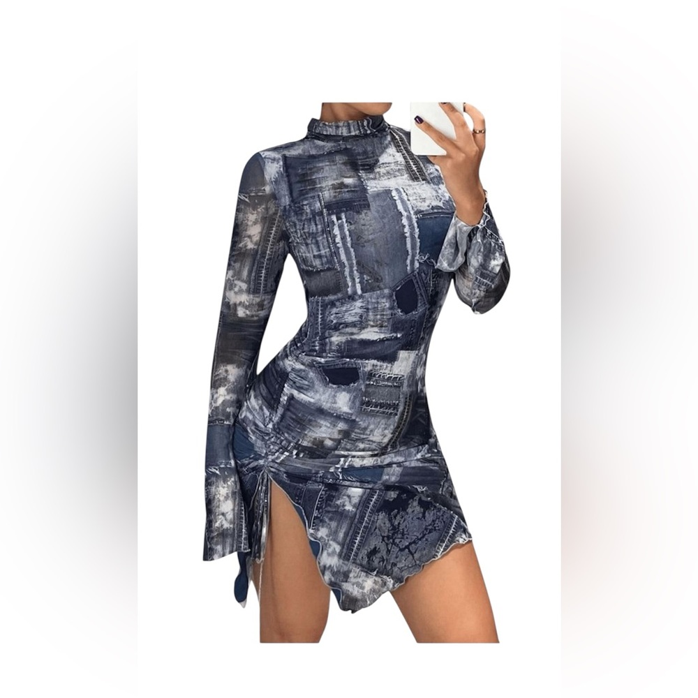 NEW Women's Mock Neck Ruched Long Sleeve Blue Bodycon Mini Dress Size: Small